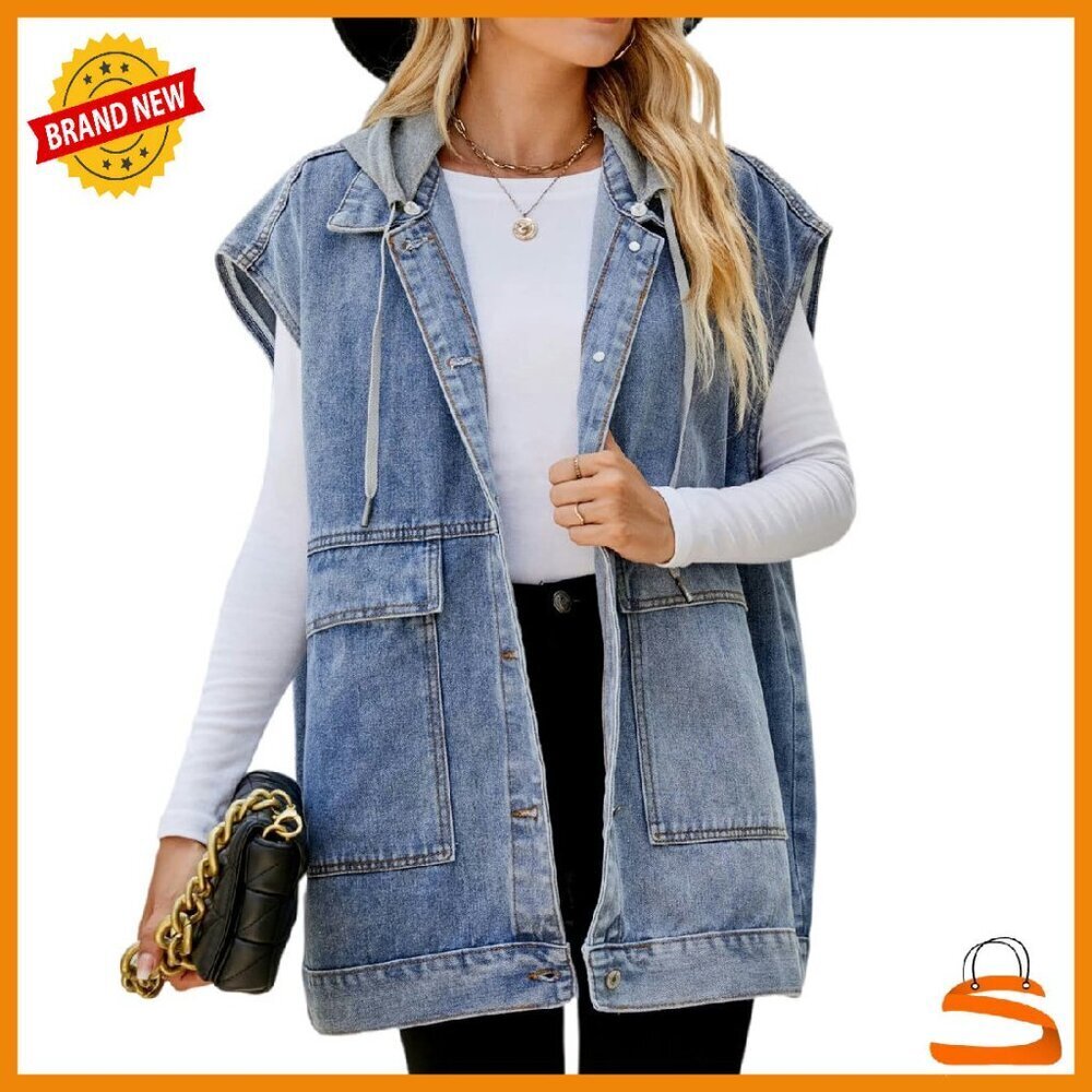 Oversized Denim Vest Sleeveless Jacket Distressed Cotton Mid-Long